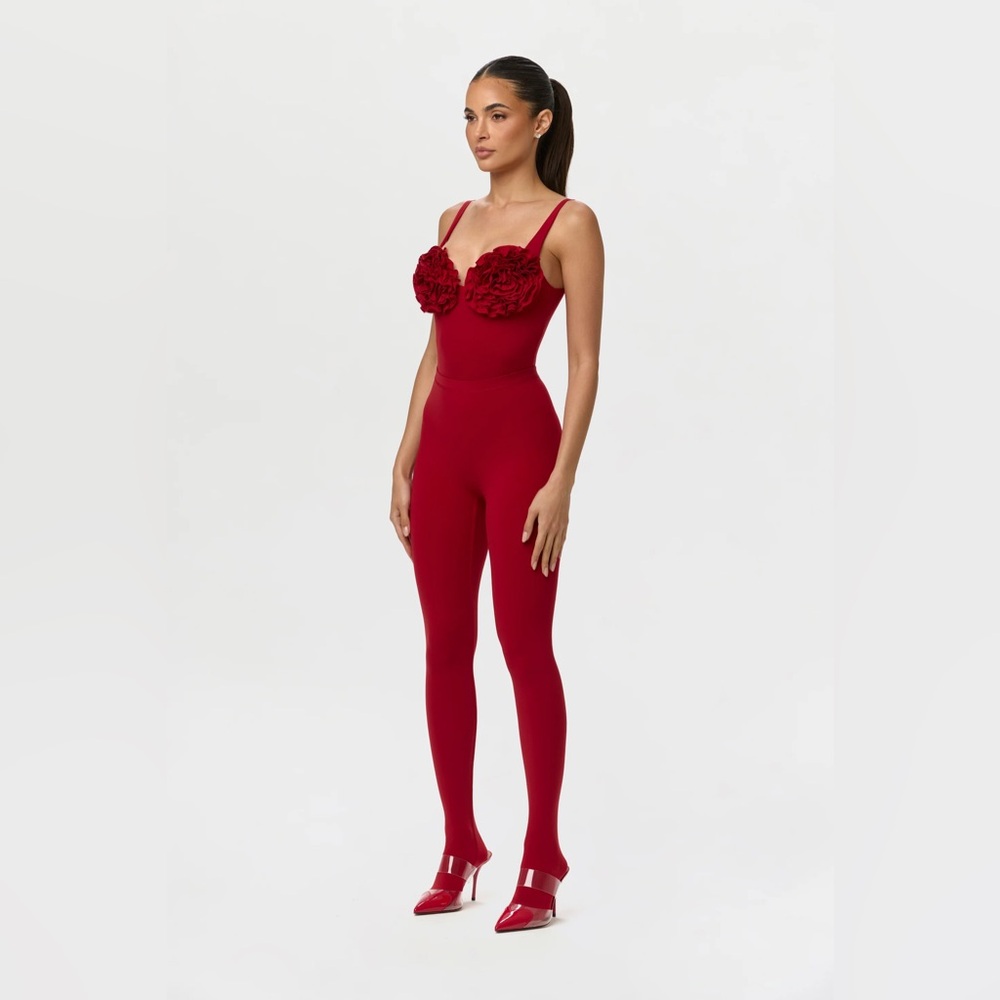 naked wardrobe Red Floral Bust Legging Jumpsuit